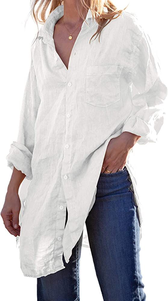 Runcati Womens Button Down Shirts Linen Cotton Long Sleeve Blouse Tunic Tops Cover Up Shirt Loose... | Amazon (US)
