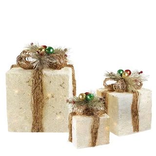 3 Lighted Cream Gift Boxes Twine Bows Outdoor Christmas decors 10" - White | Bed Bath & Beyond