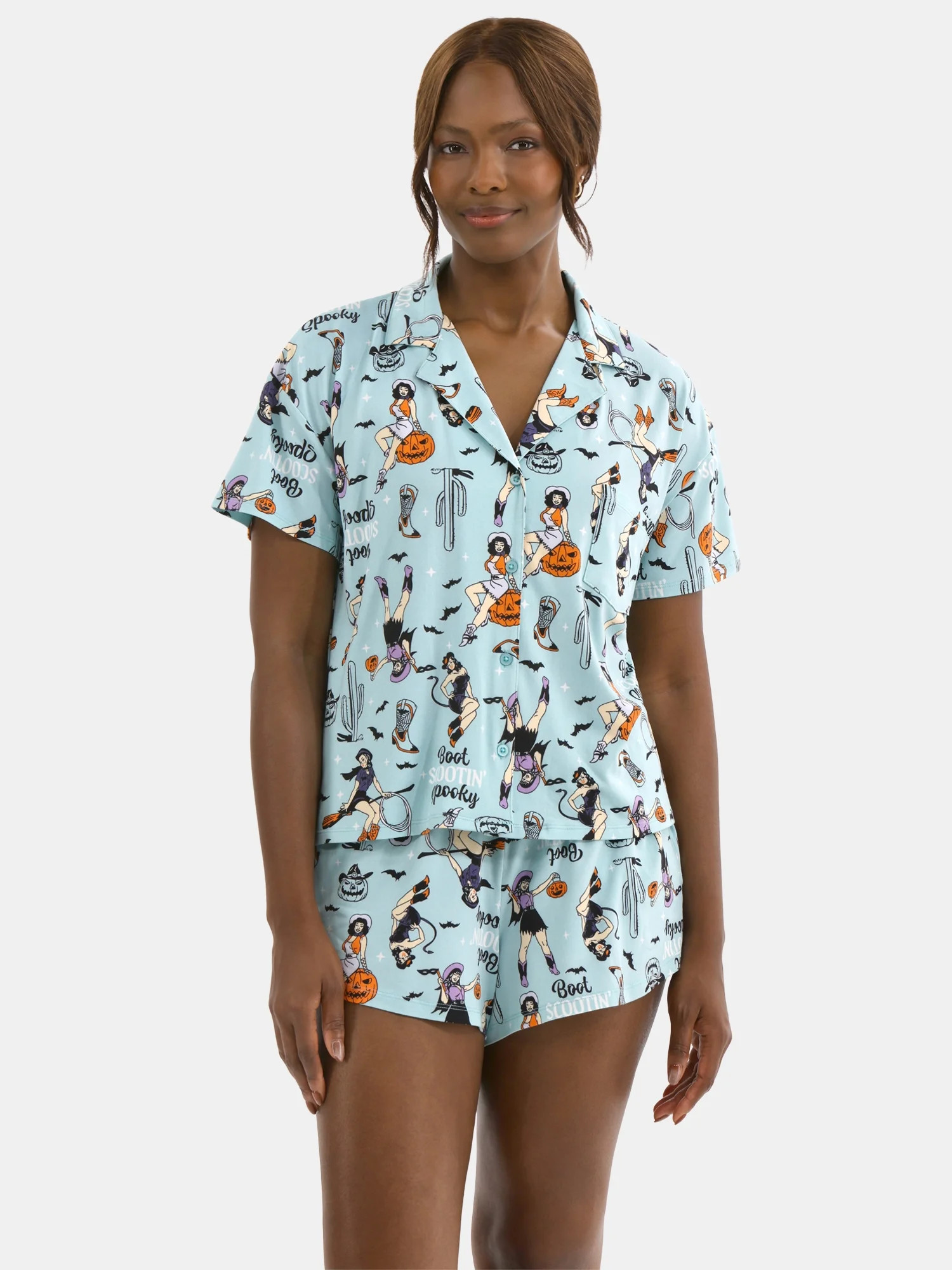 Halloween Women’s Printed Notched Top and Shorts Pajama Set from Way to Celebrate, 2-Piece, Siz... | Walmart (US)