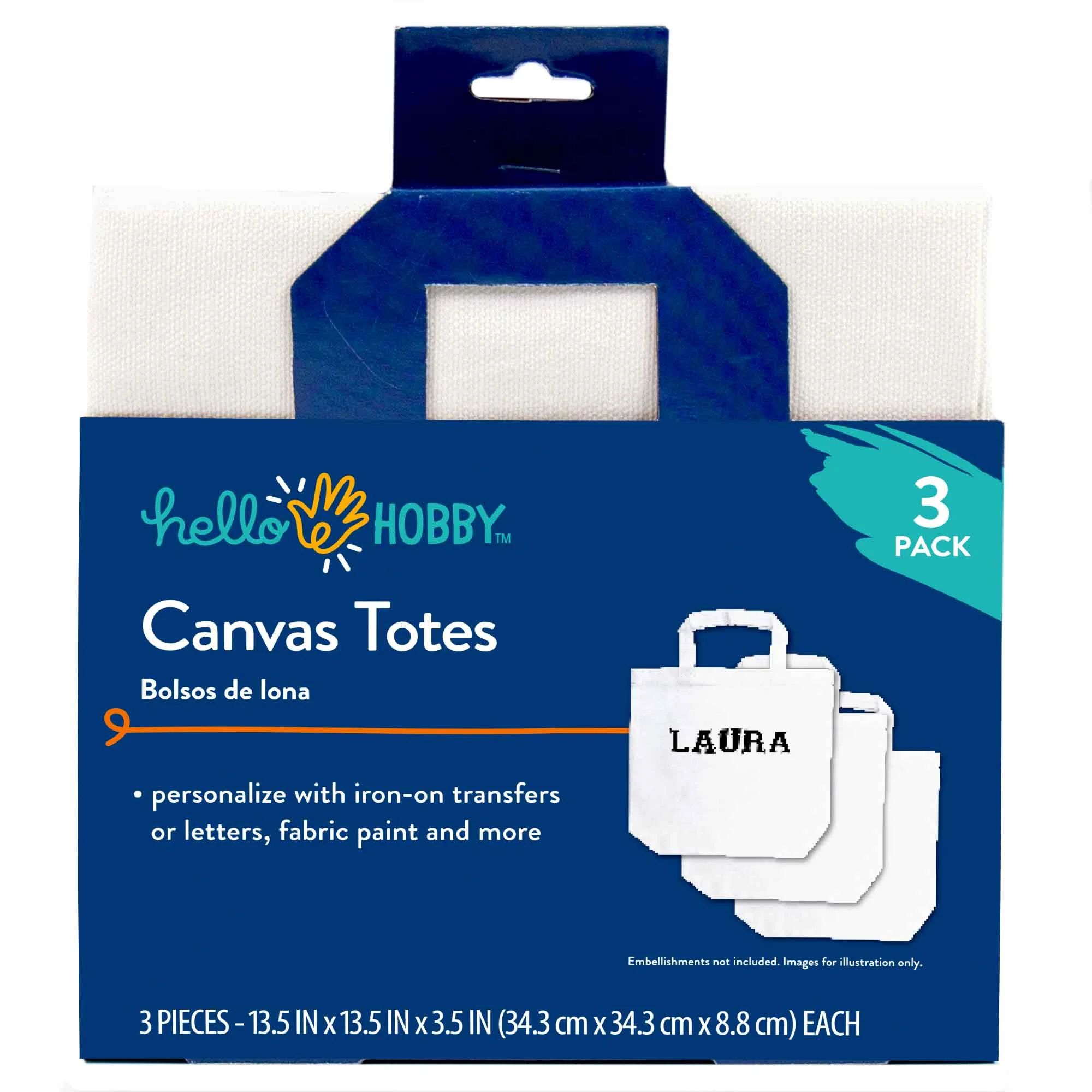 Hello Hobby, Large White Canvas Tote Bag With Strap, 3-Pack, 13.5” x 13.5” x 3.5” | Walmart (US)