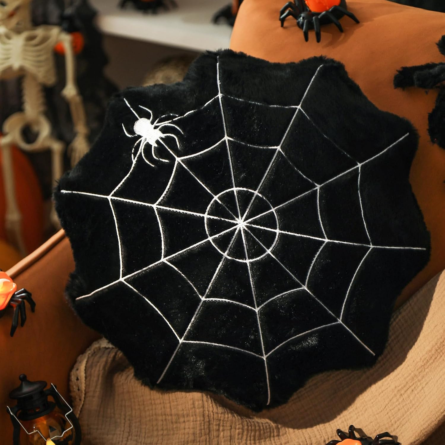 YRXRUS Spider Web Pillows, Halloween Pillows, Halloween Decoration, Spider Web Shaped Throw Pillows for Halloween Room Decor, Black Round Pillows 16x16 Inches Soft Faux Rabbit Fur Cushion | Amazon (US)