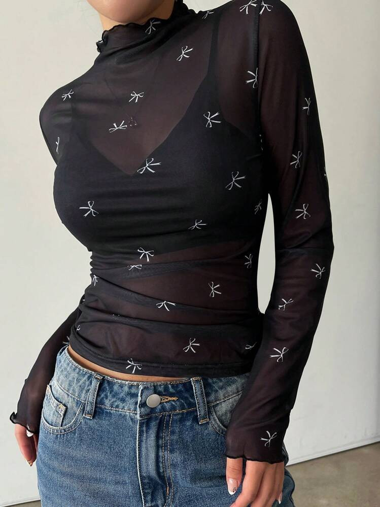 DAZY Women's Summer Bow-Knot Printed Stand Collar Long Sleeve Casual Blouse Going Out Tops Sheer,Back To School Clothes,Fall Women Clothes | SHEIN
