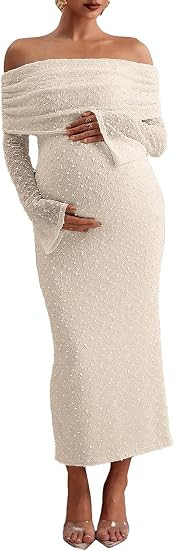 BLENCOT Womens Off Shoulder Flare Sleeve Split Bodycon Maternity Dress | Textured Dot Baby Shower... | Amazon (US)