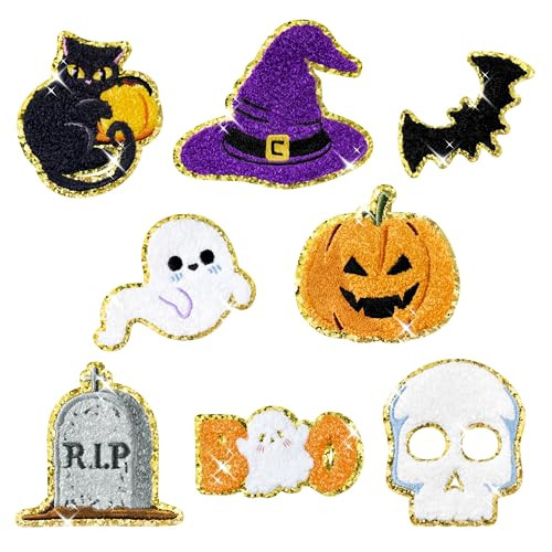 8 Pcs Halloween Iron on Patches Cute Chenille Pumpkin Ghost Boo Skull Witch Bat Sew on Repair Embroidered Applique Glitter DIY Crafts Decorative Gifts for Clothing Jacket Backpack Hat | Amazon (US)