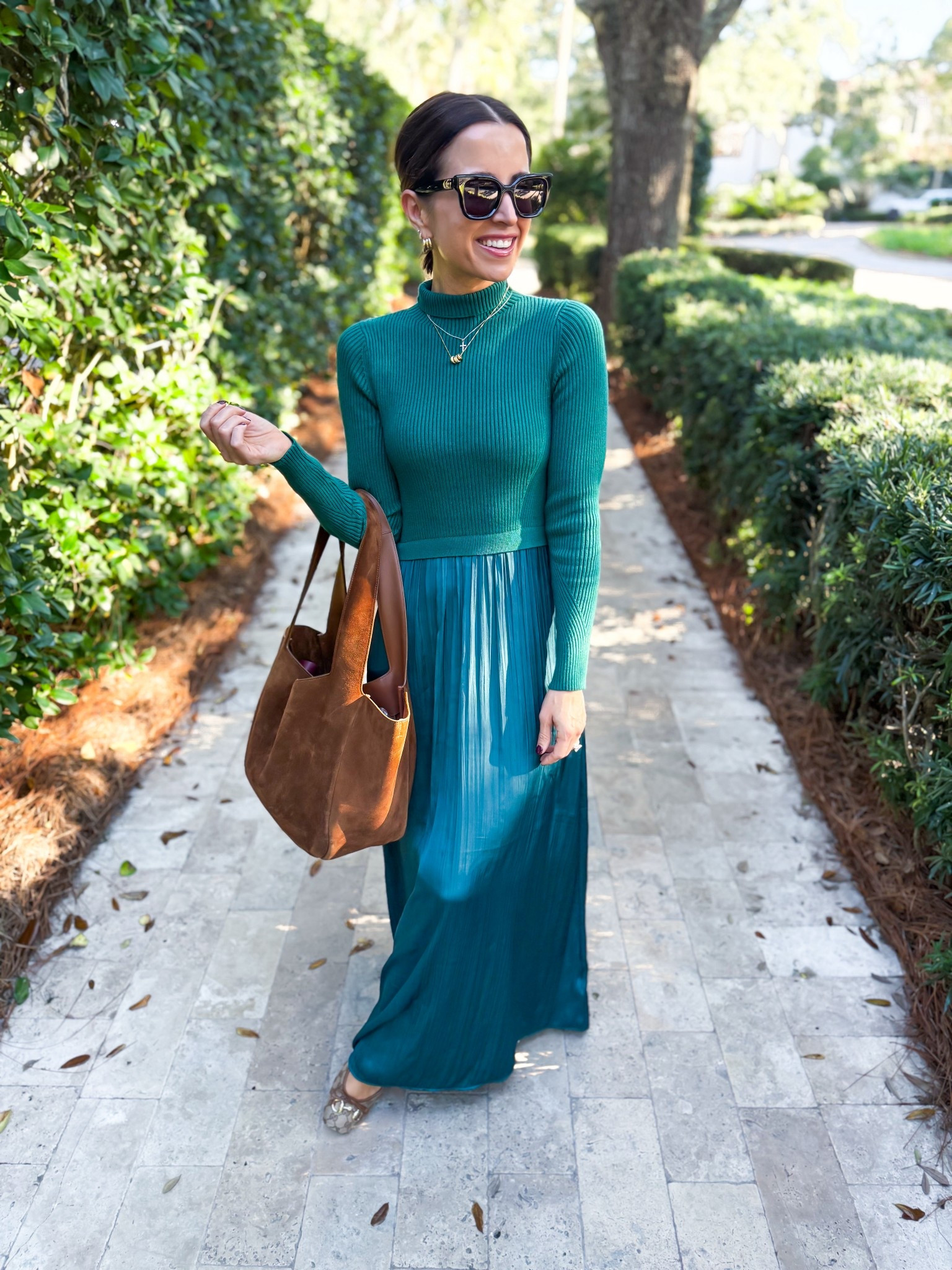 Anthropologie sweater dress in XXS petite. Resort wear. Resort outfit. Winter dress. Party outfit. Party dress. Dinner party. Gucci horsebit ballet flats are TTS. YSL suede tote. 

#LTKGiftGuide #LTKTravel #LTKPetite