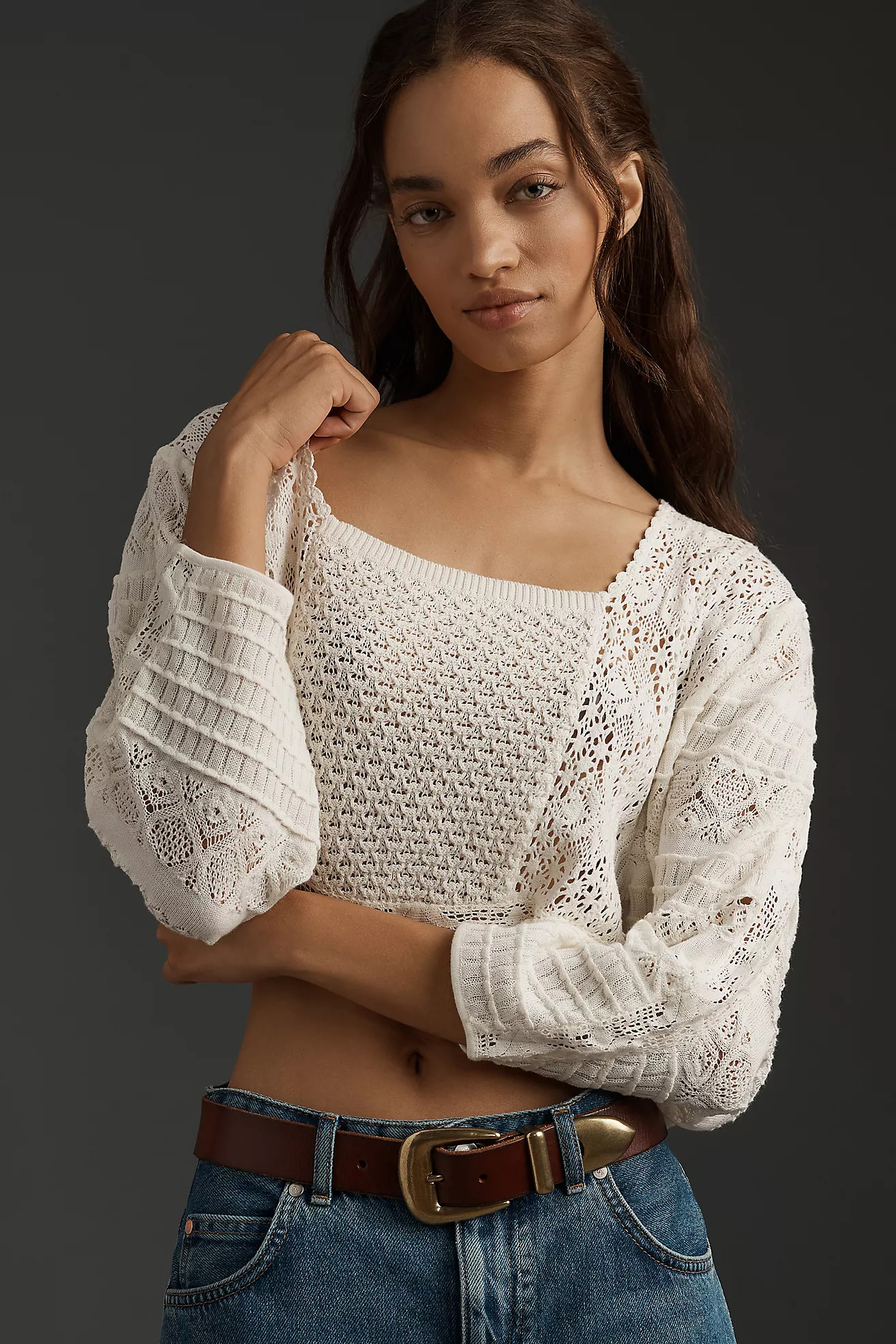 By Anthropologie Mixed-Lace Cropped Pullover Sweater | Anthropologie (US)