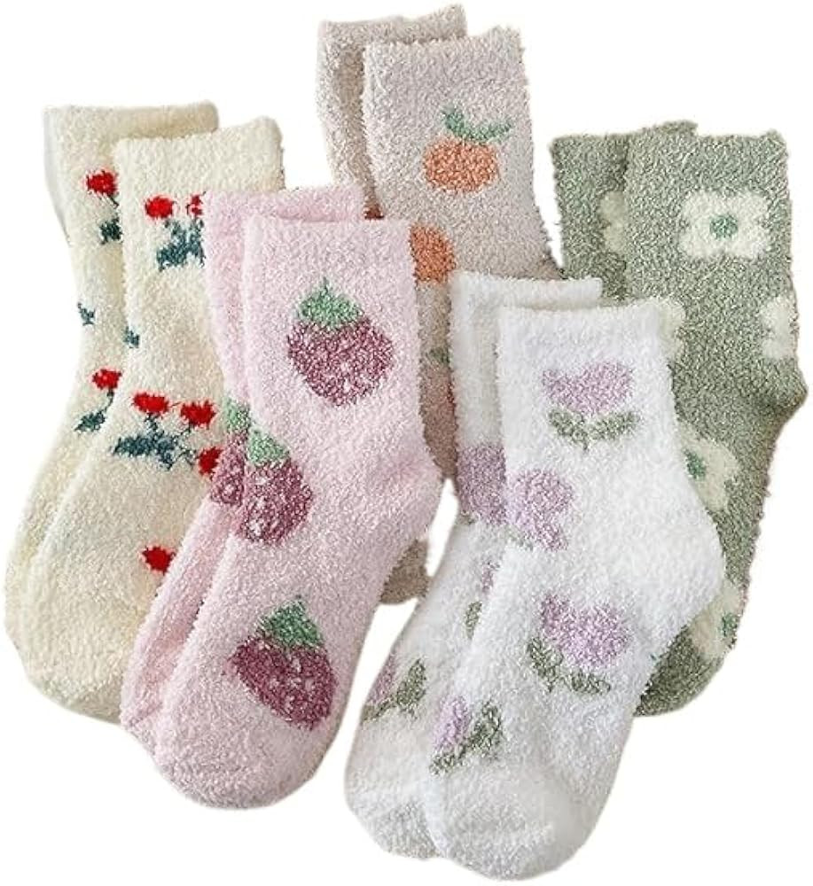 Kelabia 5 Pair Cute Floral Fuzzy Socks, Women Fluffy Slippers, Cottagecore Winter Thick Cozy Vint... | Amazon (US)