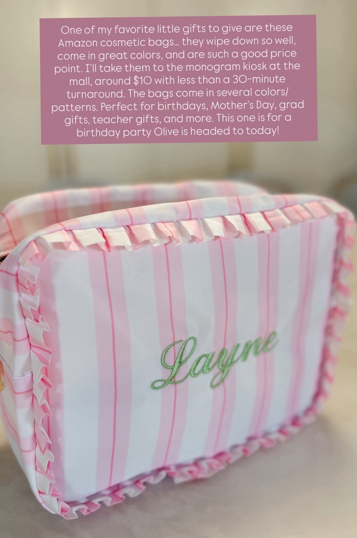 One of my favorite little gifts to give are these Amazon cosmetic bags — they wipe down so well, come in great colors, and are such a good price point. I’ll take them to the monogram kiosk at the mall, and for around $10 with less than a 30-minute turnaround, it instantly makes them feel so personal and special.

Perfect for birthdays, Mother’s Day, grad gifts, teacher gifts, and more. 💕 This one is for a birthday party Olive is headed to today!

#LTKselfcare