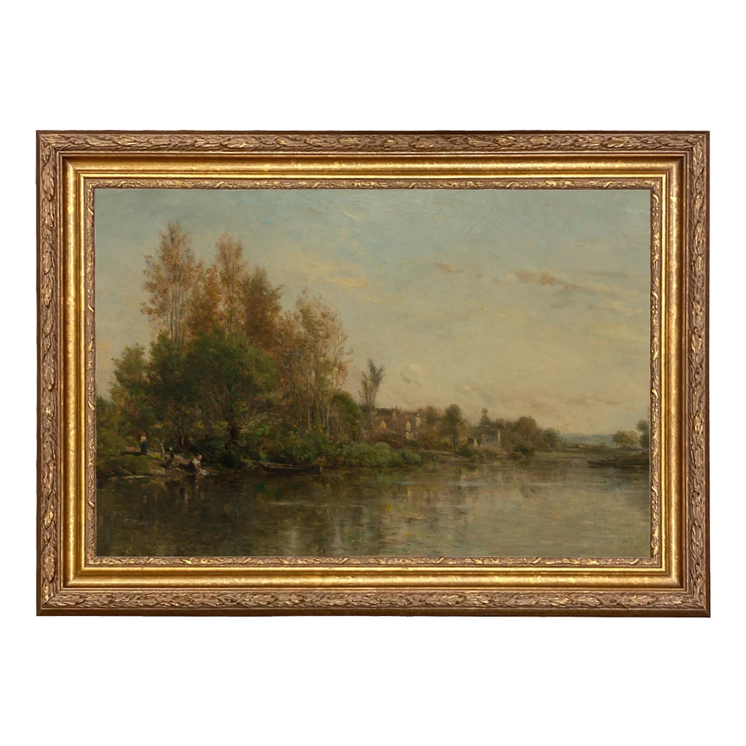 On the Banks of the River Landscape Oil Painting Print on Canvas in Ornate Antiqued Gold Frame | Etsy (US)
