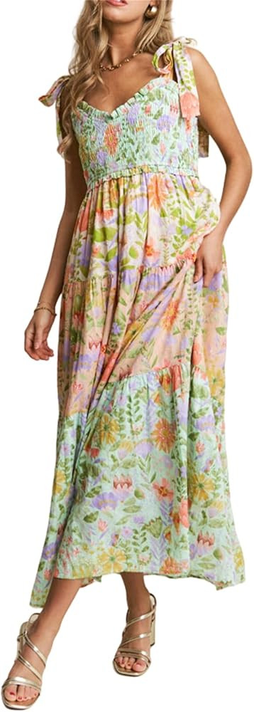 Floral Boho Maxi Dress for Women Sleeveless Tie Shoulder Casual Smocked Long Dress Flowy Sundress... | Amazon (US)