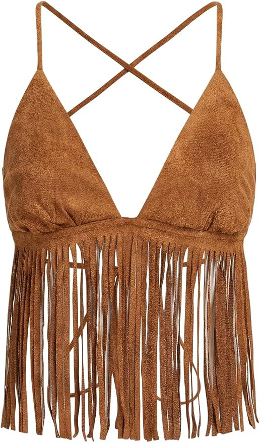 Verdusa Women's Crisscross Tie Backless Fringe Hem Sleeveless Satin Crop Cami Top | Amazon (US)