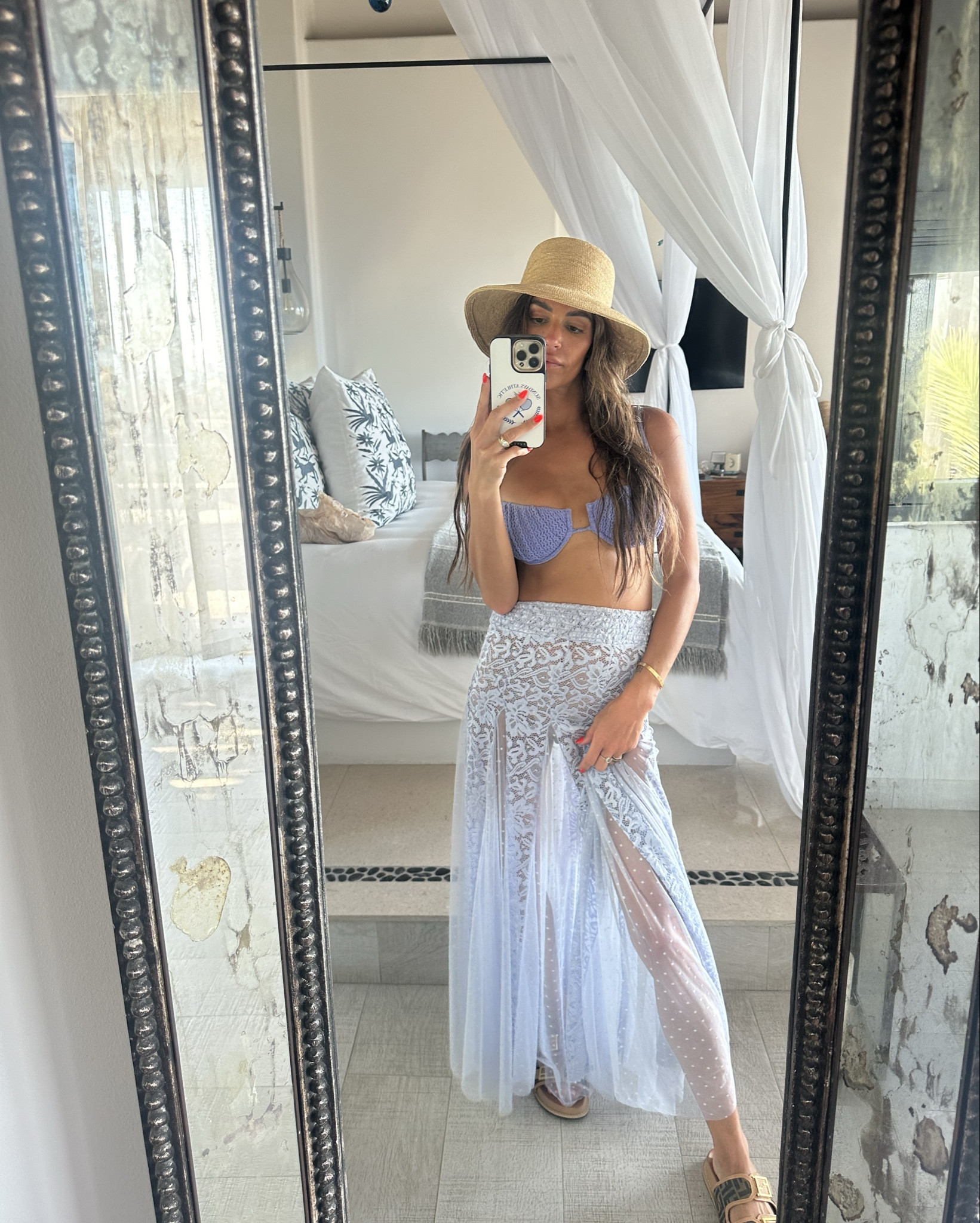 Absolutely loving this suit with this Lacey ethereal skirt from Free People intimately lying I got last year. I love that they still have it in stock and in different colors, but it’s so white and area. It actually makes the perfect cover-up and the bottoms of your swimsuit covered the sheer part so looks like you’ve got under on. Also my hat is the, lack of color that I’ve worn 100 times on this trip lol I’m wearing a medium top and a small bottom in the