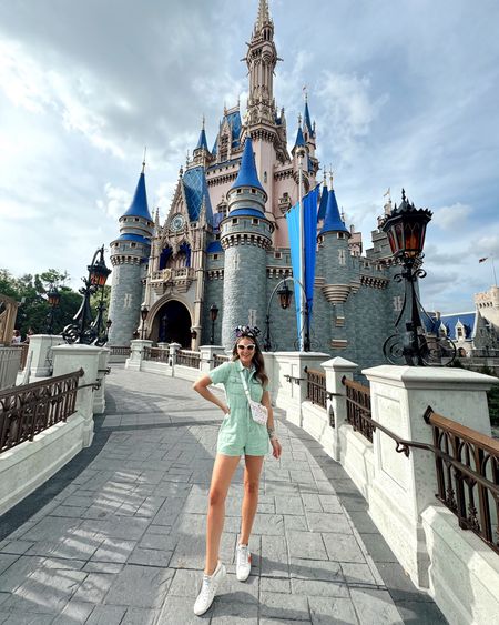 In a medium green denim romper, fanny pack, ears, sunglasses and accessories for spring Disney outfit - all fits TTS.

#LTKfindsunder50 #LTKSeasonal #LTKstyletip