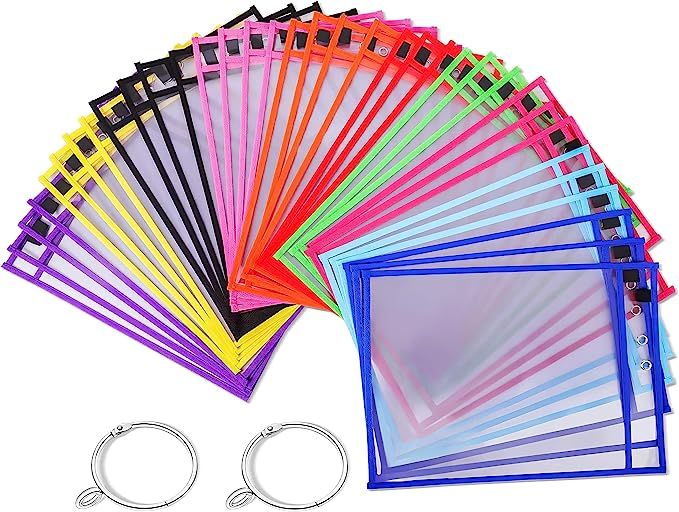 Puroma 35 Pack Dry-Erase Pockets Reusable Plastic Sleeves Assorted Colors Waterproof Pocket with ... | Amazon (US)