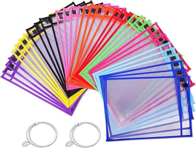 Puroma 35 Pack Dry-Erase Pockets Reusable Plastic Sleeves Assorted Colors Waterproof Pocket with ... | Amazon (US)