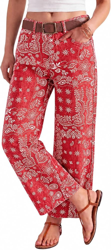 Tankaneo Womens Baggy Wide Leg Jeans Floral Print Boho High Waist Vintage Boyfriend Denim Pants w... | Amazon (US)