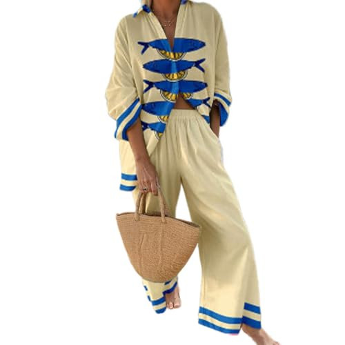 Akivide Women's 2 Piece Outfits Beach Vacation Sets Hawaiian Tropical Long Sleeve Button Down Shirts Elastic Waist Pants | Amazon (US)