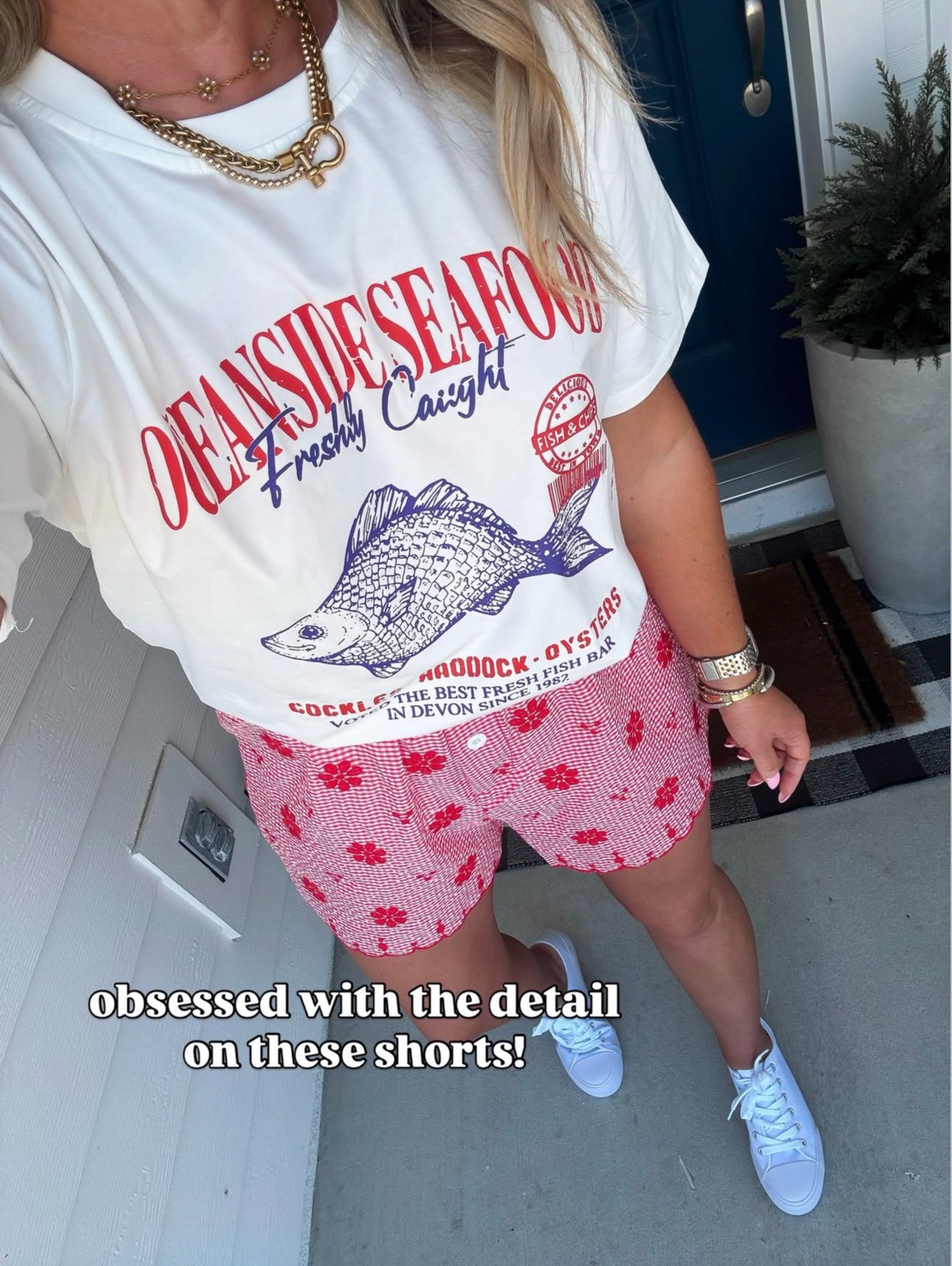 How fun is this outfit for spring! 🐟 Obsessed with the detail on these shorts! Perfect for a fun vacation out. Wearing a medium. 

Spring vacation outfit, casual vacation outfit, graphic tee, printed shirt, colorful shorts, fun prints, vibrant colors, casual outfit, summer style, playful look, comfy clothes, everyday wear, bold patterns, lightweight, trendy, relaxed fit, bright hues, casual chic, warm weather, easy style, statement tee, breathable fabrics, summer wardrobe, laid-back, fresh looks.


 

 #LTKootd #LTKSeasonal