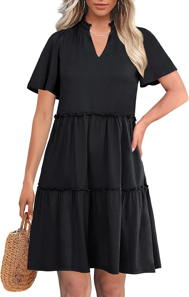 ANRABESS Womens Summer Casual Short Sleeve V Neck A line Tunic Dress Flowy Tiered Babydoll Mini D... | Amazon (US)