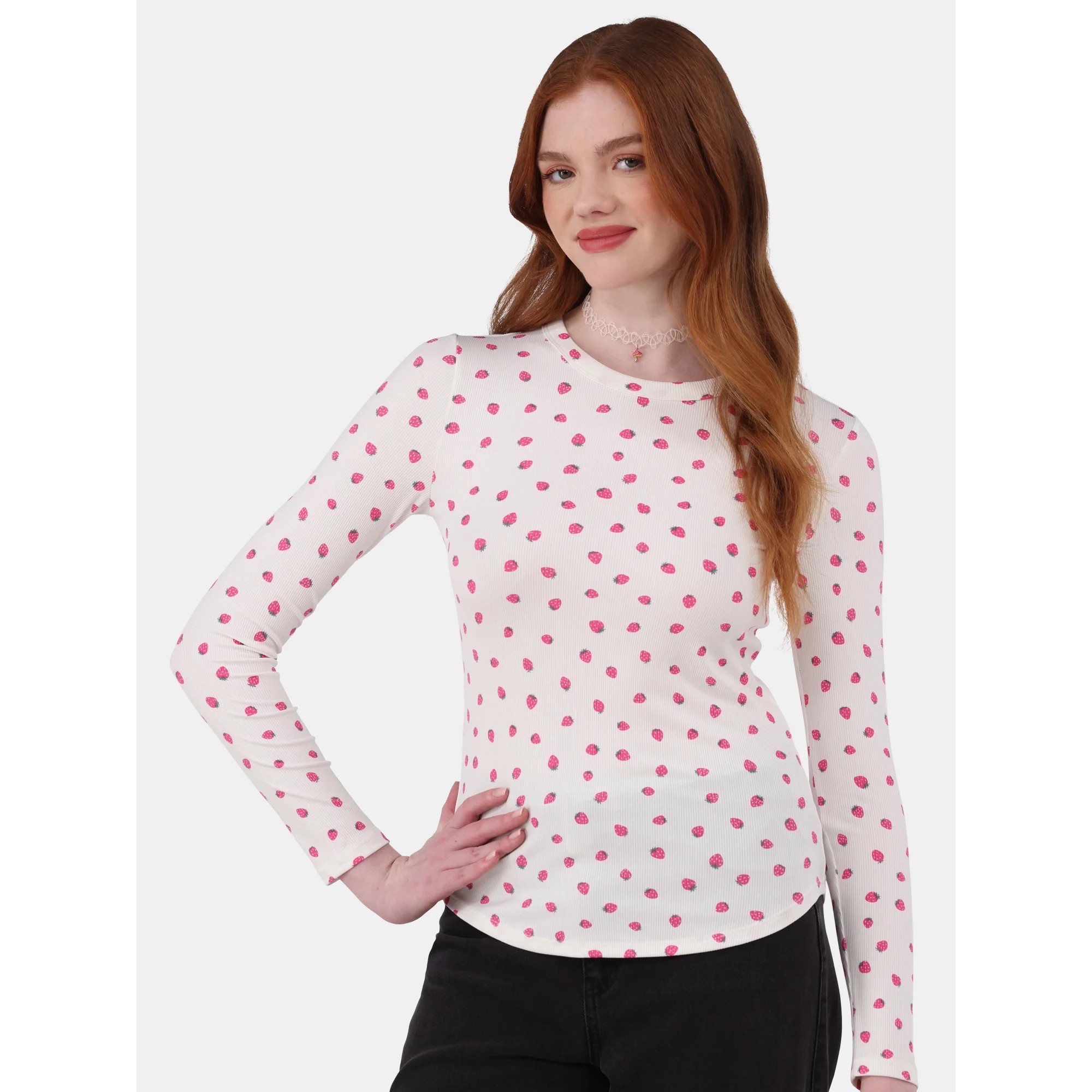 No Boundaries Crewneck Ribbed Tee with Long-Sleeves, Women's and Women’s Plus | Walmart (US)