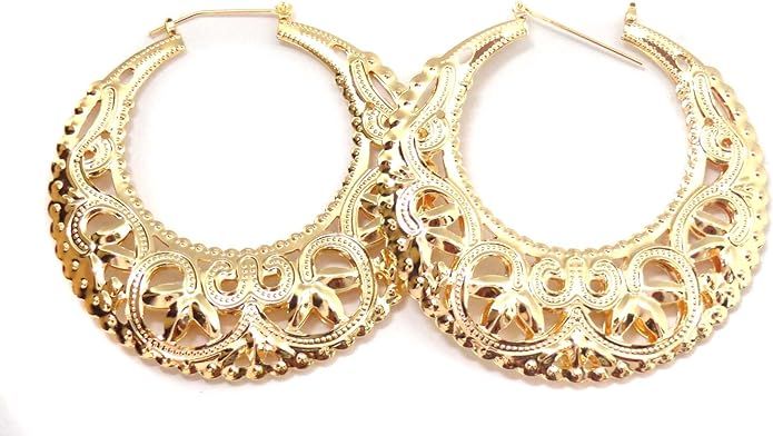 Large Hoop Earrings Filigree Puffed Hoop Earrings Gold or Silver Tone 3 Inch Hoops | Amazon (UK)