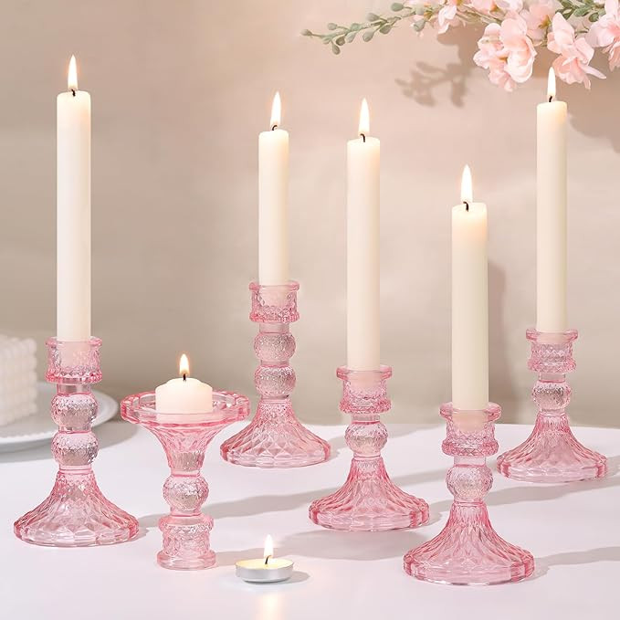 Amazon.com: DARJEN Pink Glass Candlestick Holders Set of 6, 4" H & 5" H Taper Candle Holders for ... | Amazon (US)