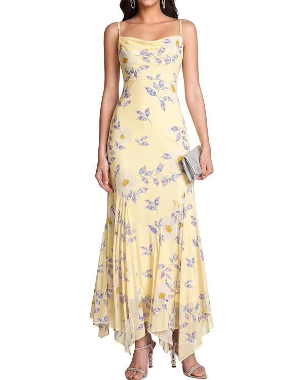 KUTUMAI Elegant Floral Maxi Long Formal Wedding Guest Dresses for Women | Asymmetric Hem, Stretch... | Amazon (US)
