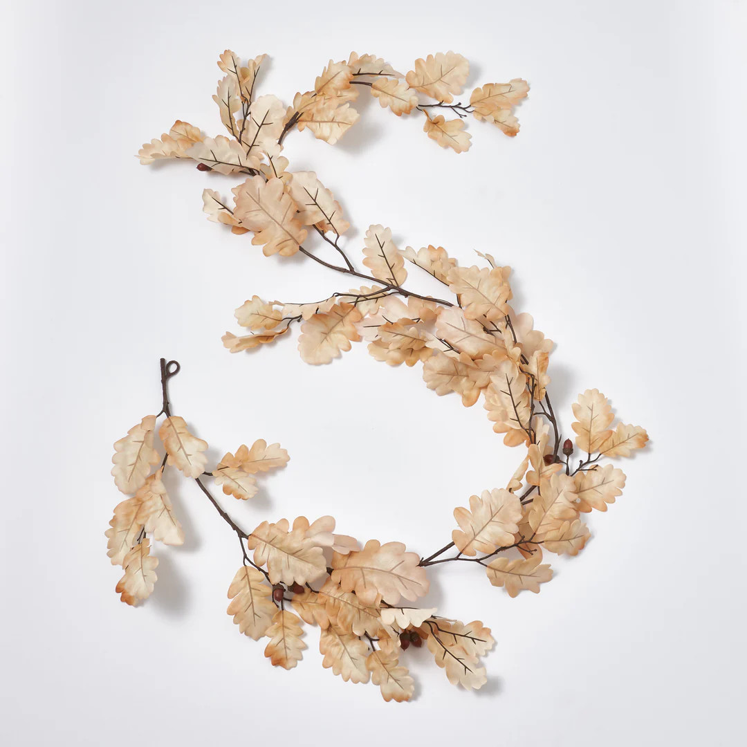 Bleached Cream Oak Leaf & Brown Acorn Fall Mantel Garland Table Runner | Darby Creek Trading