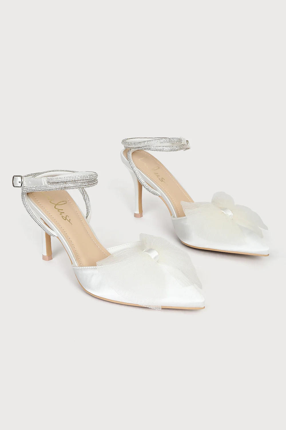 Lelanee White Satin Rhinestone Bow Ankle Strap Pumps | Lulus (US)