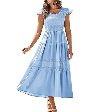 GRACE KARIN Womens Summer Dress Casual 2025 Flutter Sleeve Square Neck Smocked Boho Beach Dresses... | Amazon (US)