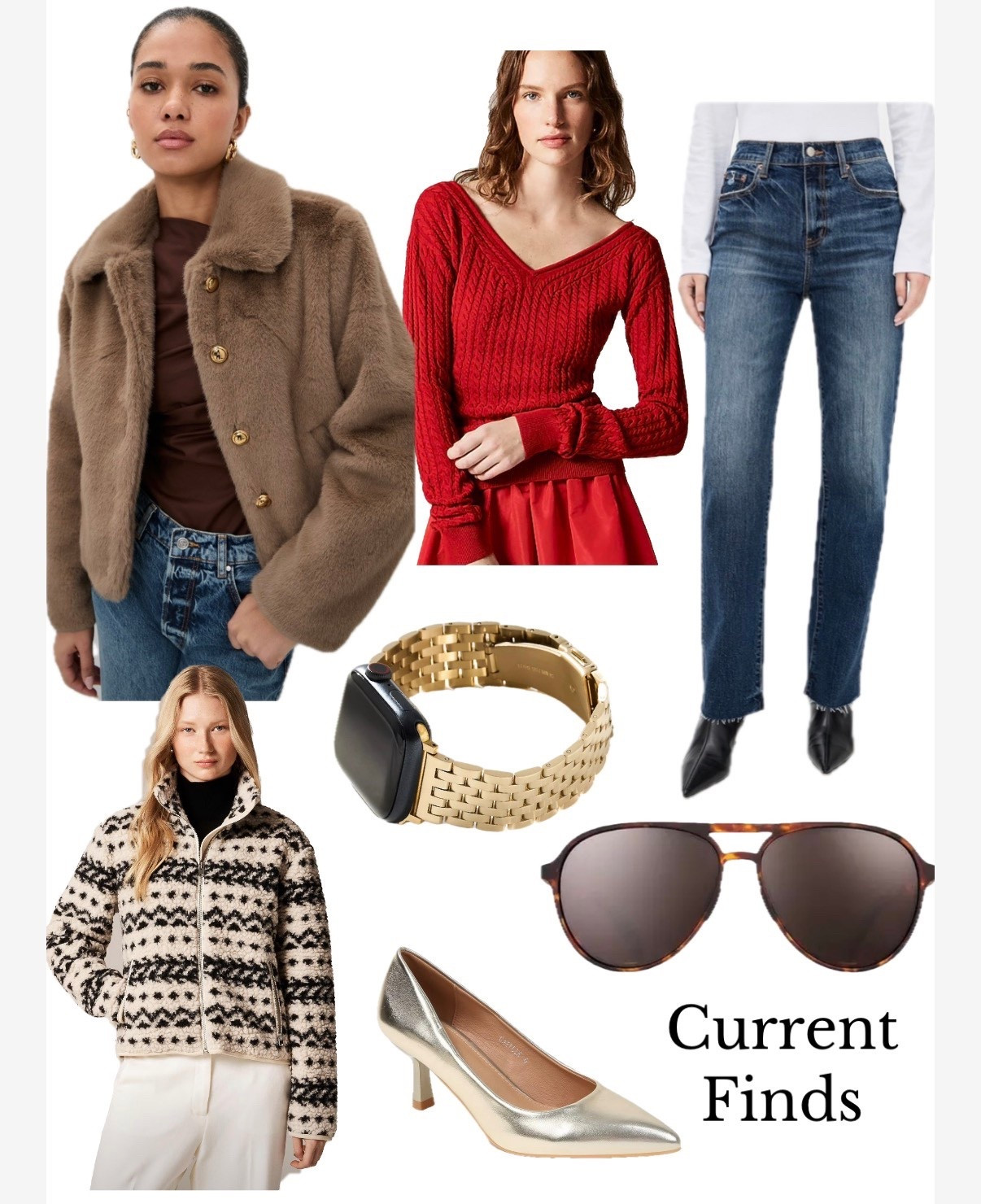 Current Finds! Faux fur coat, v-neck, red sweater, straight leg high-rise jeans, Apple Watch, wristband, fleece zip up, gold heels, and sunglasses

#LTKOver40 #LTKFindsUnder100 #LTKGiftGuide