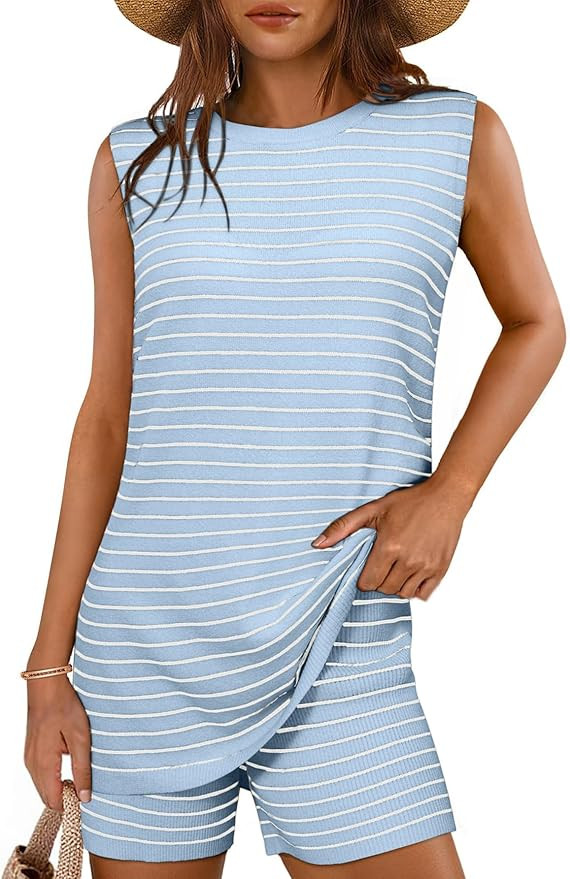 Amazon.com: Glamaker Women's 2 Piece Short Sets Summer Outfits Striped Casual Sleeveless Knit Swe... | Amazon (US)