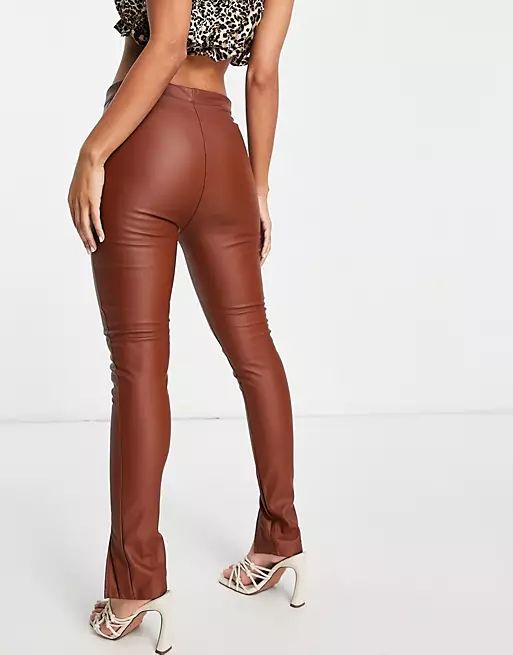 Outrageous Fortune leather look leggings with split front in brown | ASOS (Global)