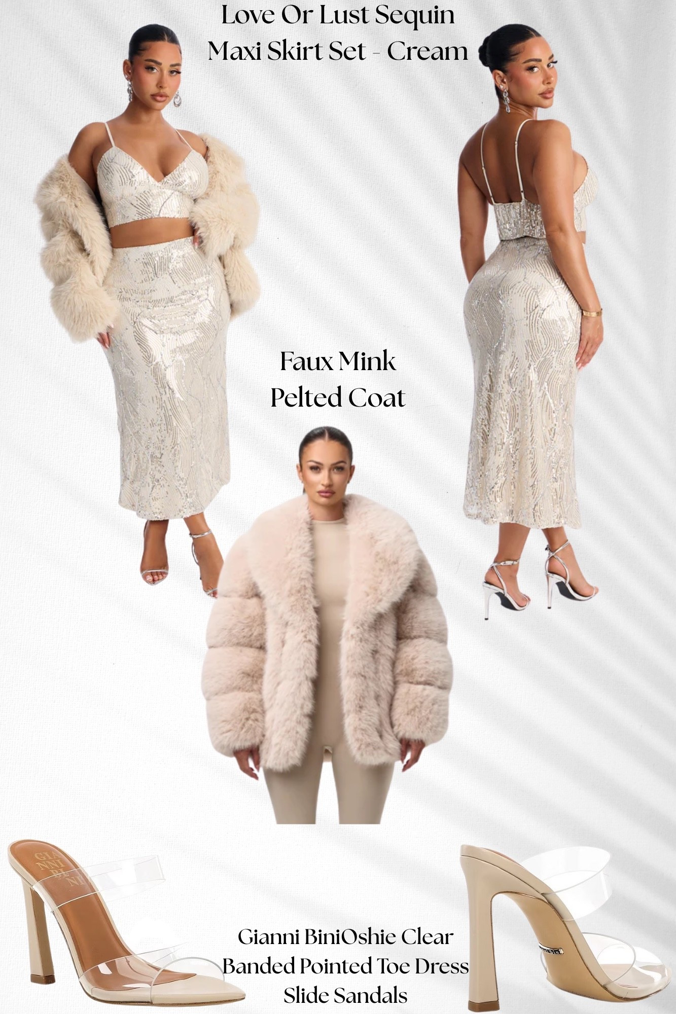 Love Or Lust sequin maxi skirt set (from fashion nova) + faux mink pelted coat (from Naked Wardrobe) + Gianni Bini Oshie clear slides (from Dillards). 

#LTKBeauty #LTKootd #LTKgrwm