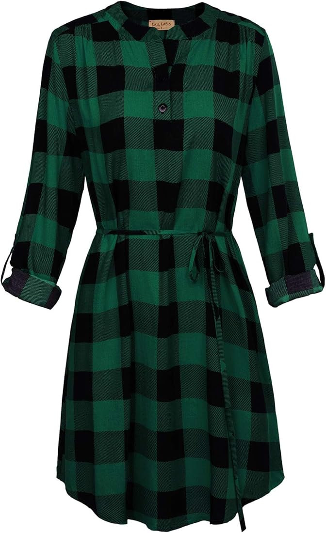 Kate Kasin Women Roll Up Sleeve Casual Tunic Mini Plaid T Shirt Dresses KKAF1057 | Amazon (US)