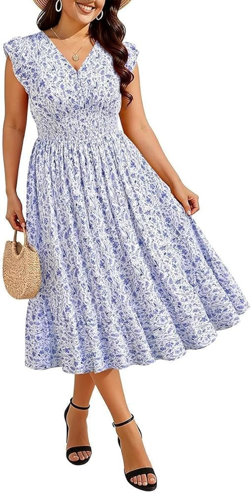 RITERA Plus Size Dresses for Curvy Women V Neck Smocked Summer Dress Blue Floral Boho Midi Dress ... | Amazon (US)