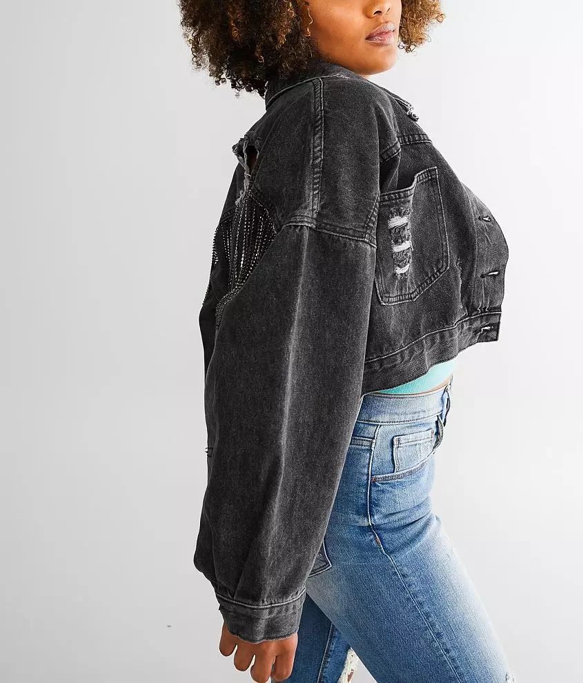 Blue B Rhinestone Fringe Destructed Denim Jacket | Buckle