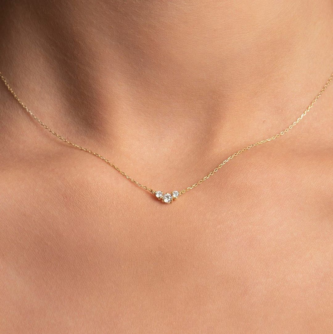 Three Diamond Necklace \ 14k Gold Trio Diamond Necklace 0.16ct \ Dainty Diamond Necklace \ Delica... | Etsy (EU)