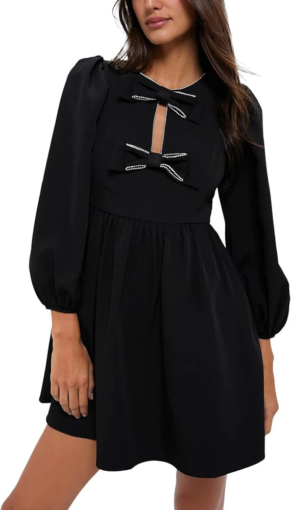 SCOFEEL Women's Bow Tie Front Mini Dress Puff Sleeves A Line Casual Dress Fall Cute Mini Babydoll... | Amazon (US)