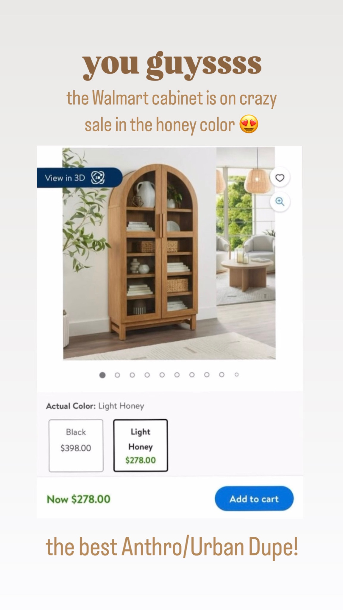 The beautiful Walmart cabinet is on sale in the honey color!😍 

The best Anthro/Urban Dupe! Under $300! 

#LTKHome #LTKHoliday #LTKSaleAlert