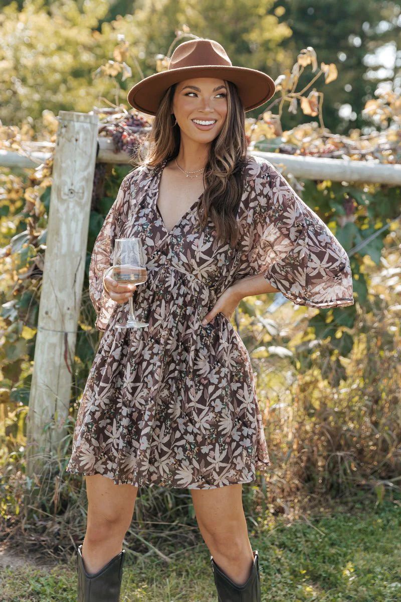 Brown Floral V Neck Mini Dress | Magnolia Boutique | Magnolia Boutique