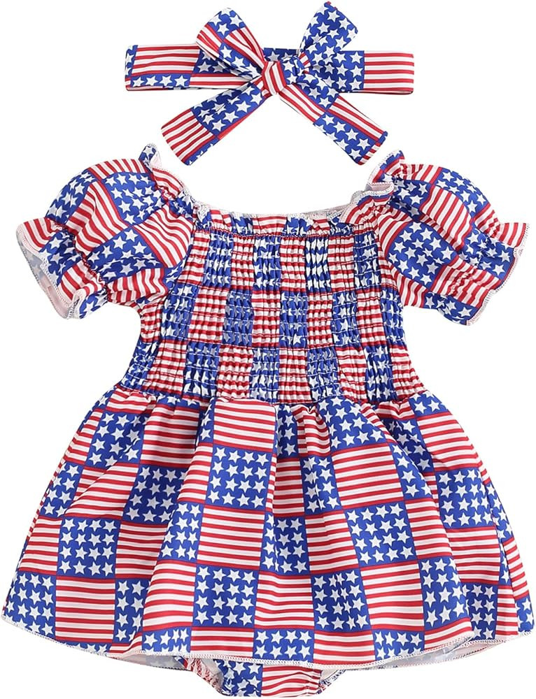 FYBITBO Infant Baby Girls 4th Of July Outfit Firework Puff Sleeve Romper Smocked Romper Dress New... | Amazon (US)