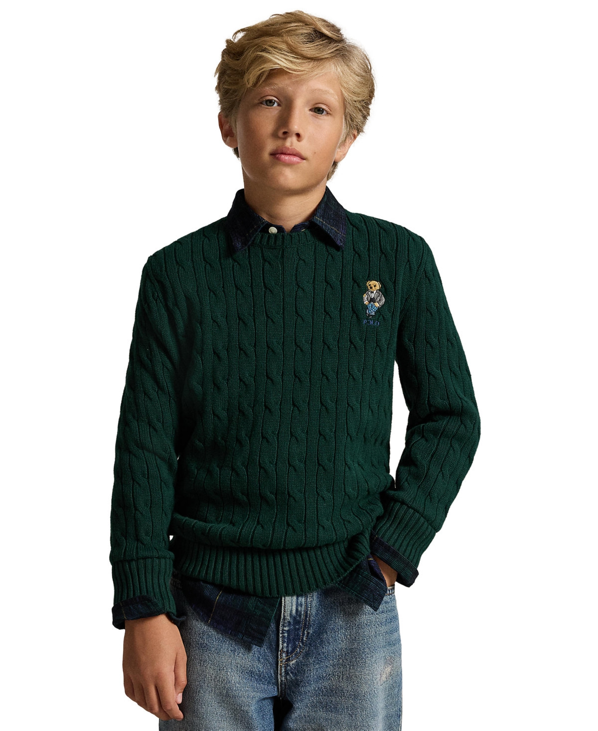 Polo Ralph Lauren Boys' 8-20 Polo Bear Cable-Knit Cotton Sweater - Green | Macy's