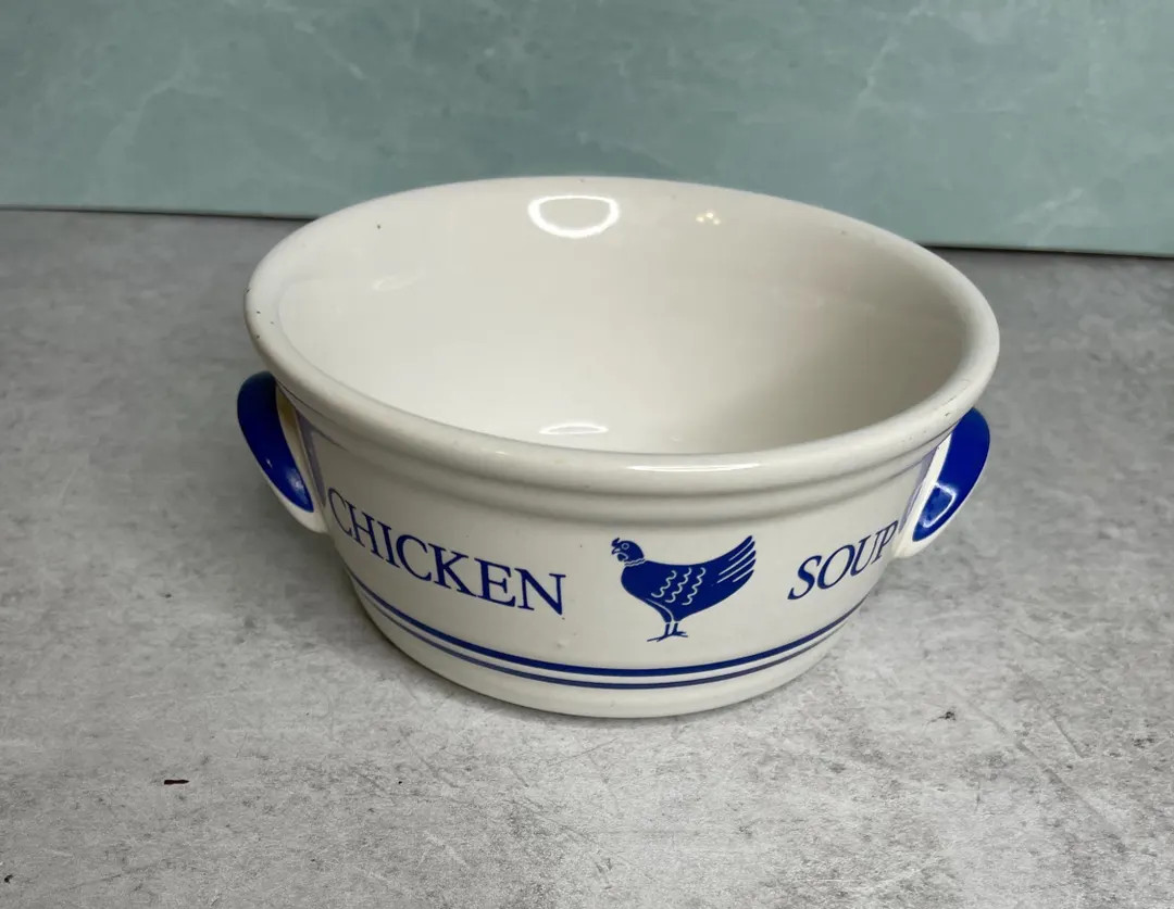 Vintage 1985 FTDA Stoneware Chicken soup bowl with handles Korea blue white gift | Etsy (US)