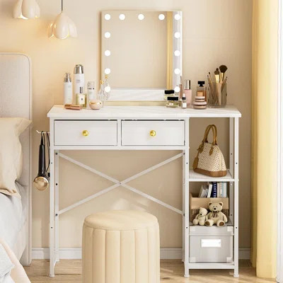 White Vanity Desk Without Mirror For Bedroom, Makeup Desk With 2 Fabric Drawers, Vanity Desk With Iron Hook, Vanity With Storage, (White) | Wayfair North America