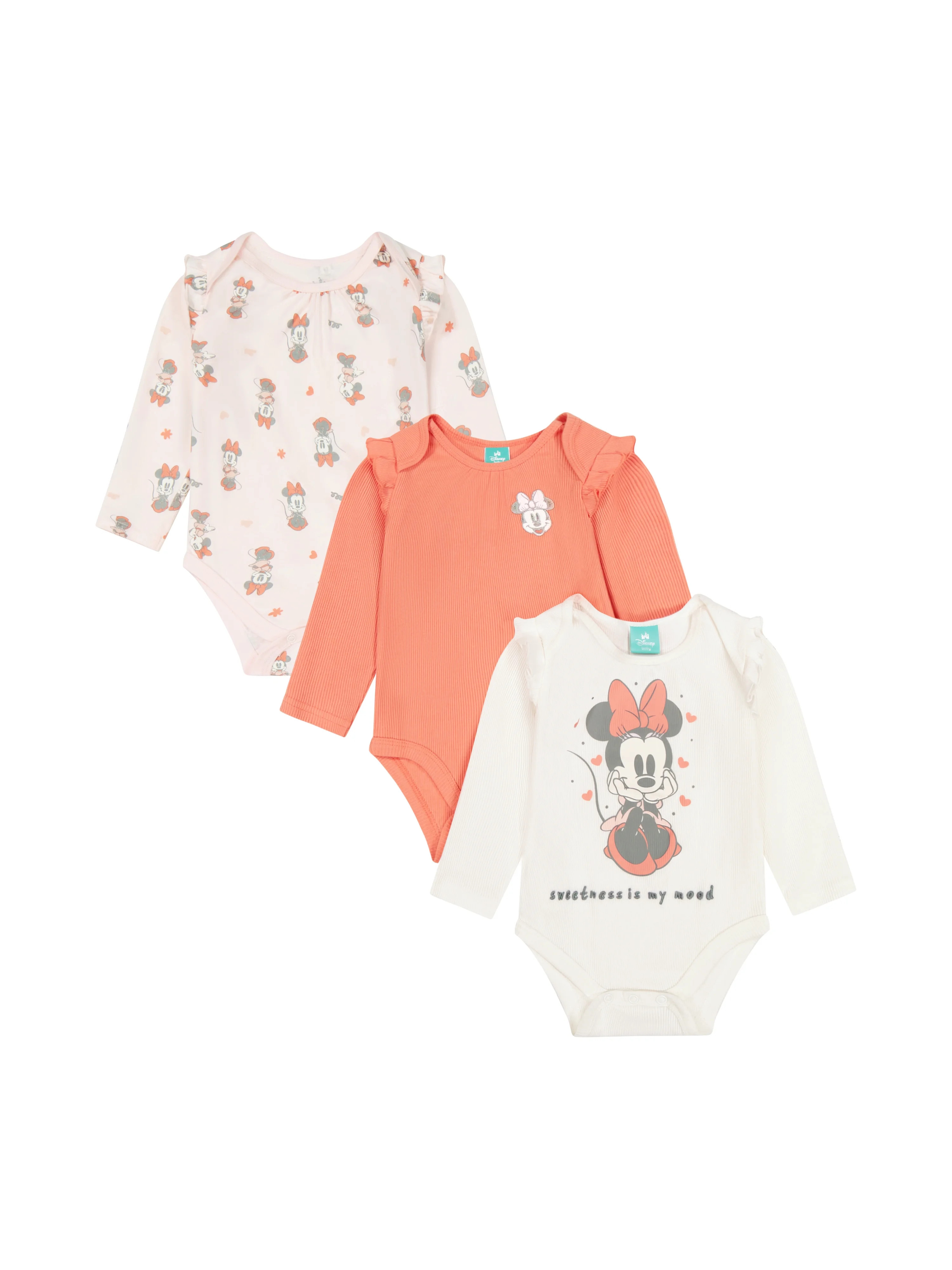 Minnie Mouse Baby Girl 3 Pack Long Sleeve Bodysuits, Size 0-24 Months | Walmart (US)