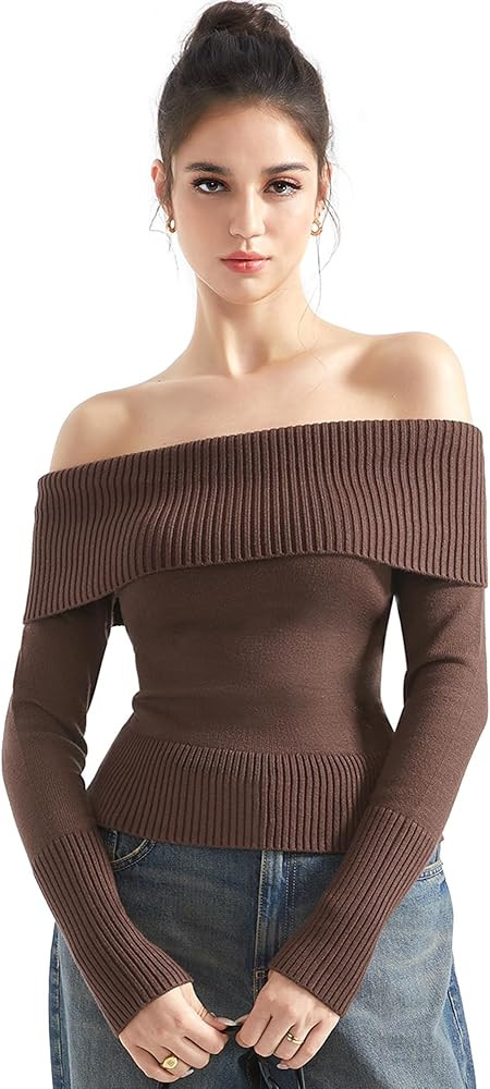 SUUKSESS Women Off Shoulder Sweaters Long Sleeve Ribbed Knit Going Out Fall Tops Blouse | Amazon (US)