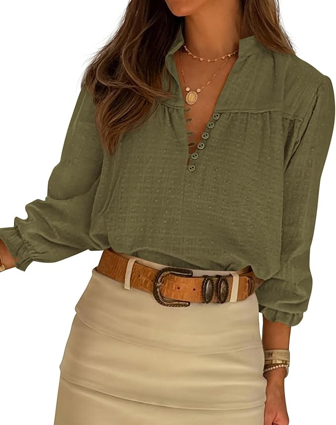 BTFBM Women Fall Tops 2025 Boho Solid V Neck Fashion Casual Long Sleeve Button Down Blouses Dress... | Amazon (US)