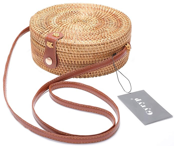 Handwoven Round Rattan Bag Shoulder Leather Straps Natural Chic Hand Gyryp | Amazon (US)