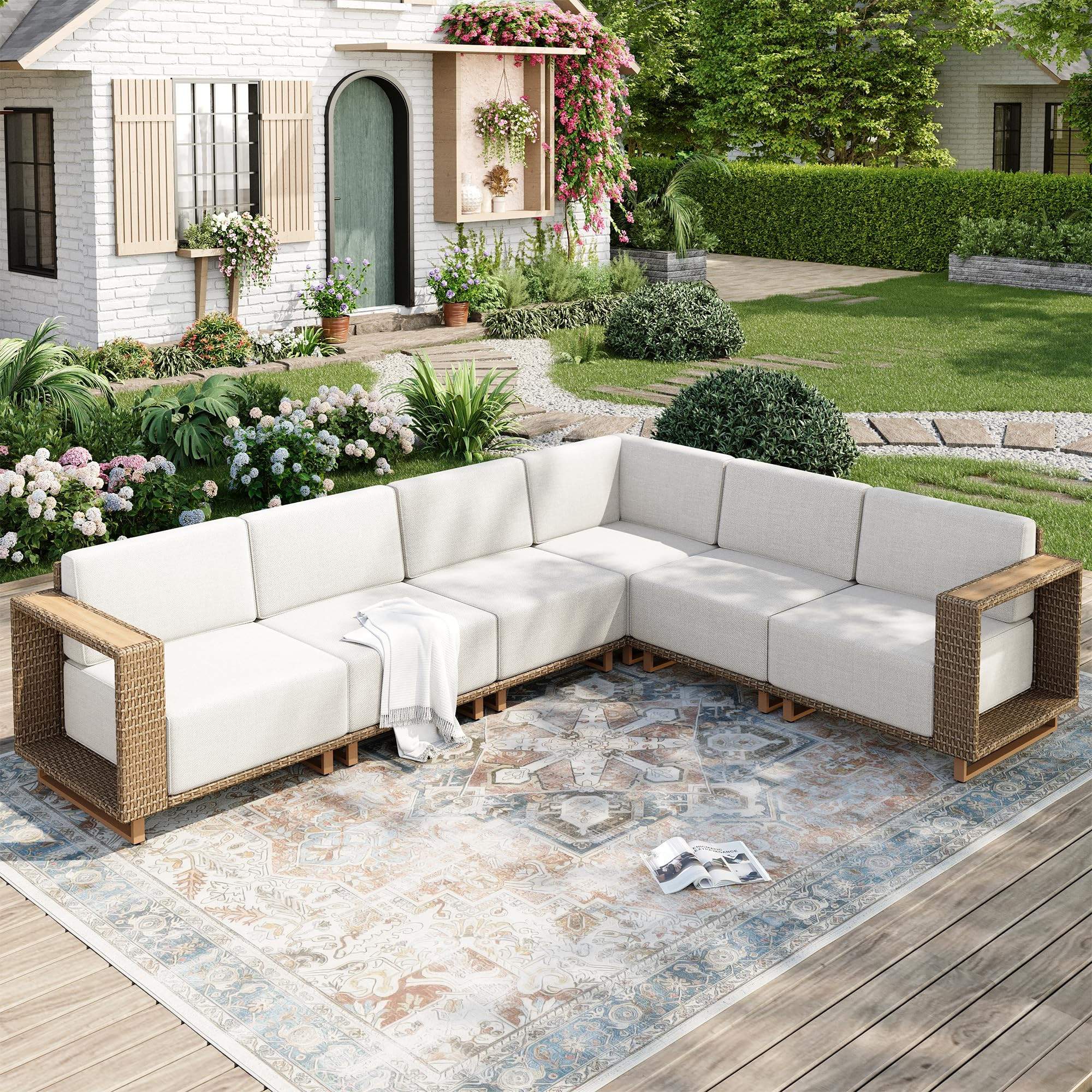 MIXPATIO Outdoor Patio Furniture Set, 6 Piece Sectional Rattan Wicker Sofa Couch, Outdoor Convers... | Amazon (US)